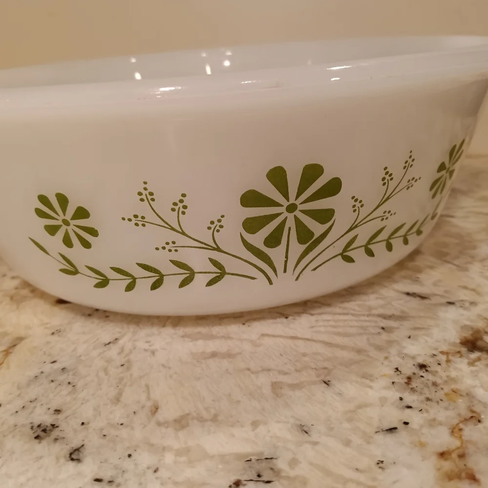 Vintage Glasbake 2 Quart Baking Dish White Green Floral